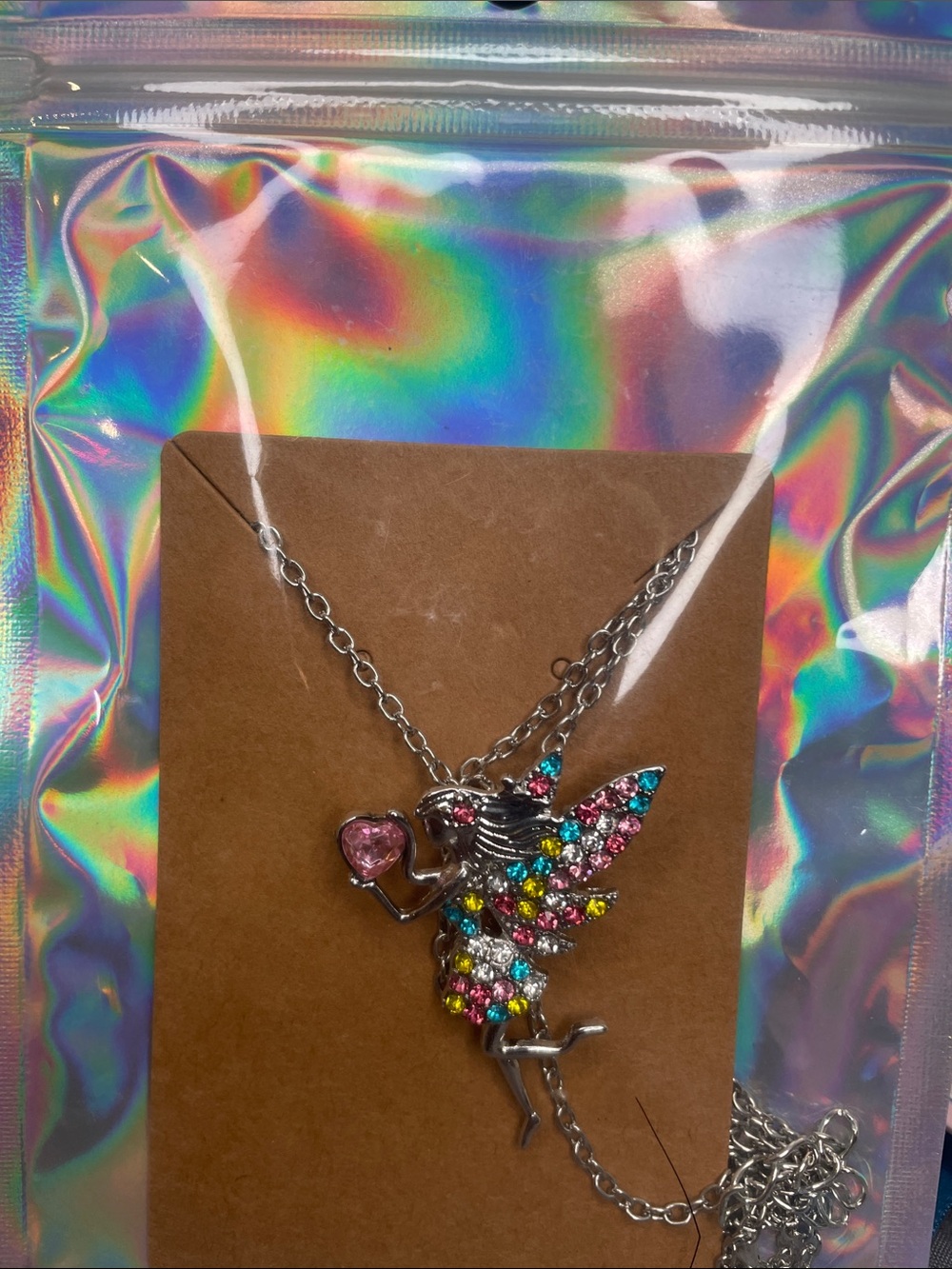 Silver Fairy Necklace with Multicolor Crystals and Pink Heart